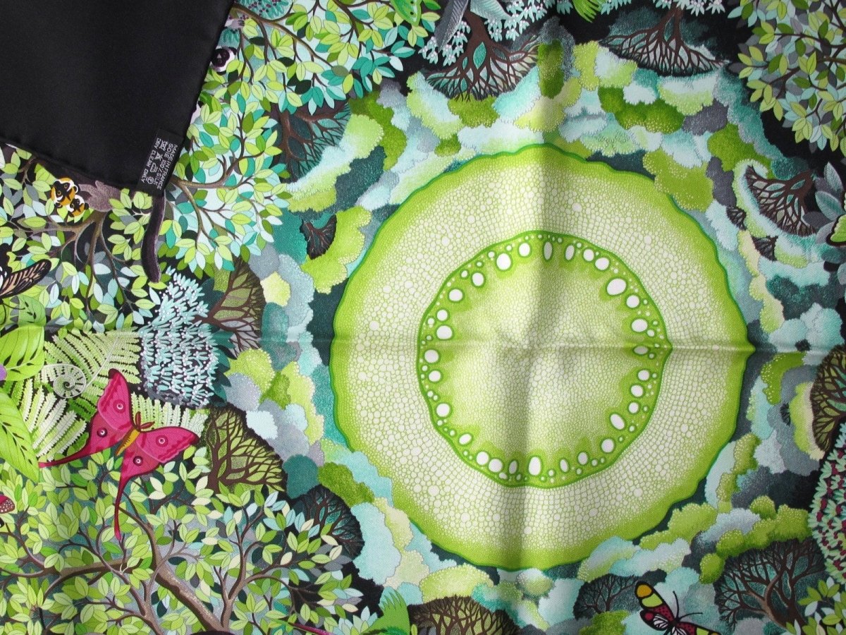 Hermes 2007 Black Au Coeur de la Vie by Aline Honore Twill 90cm Scarf, NIB! - poupishop