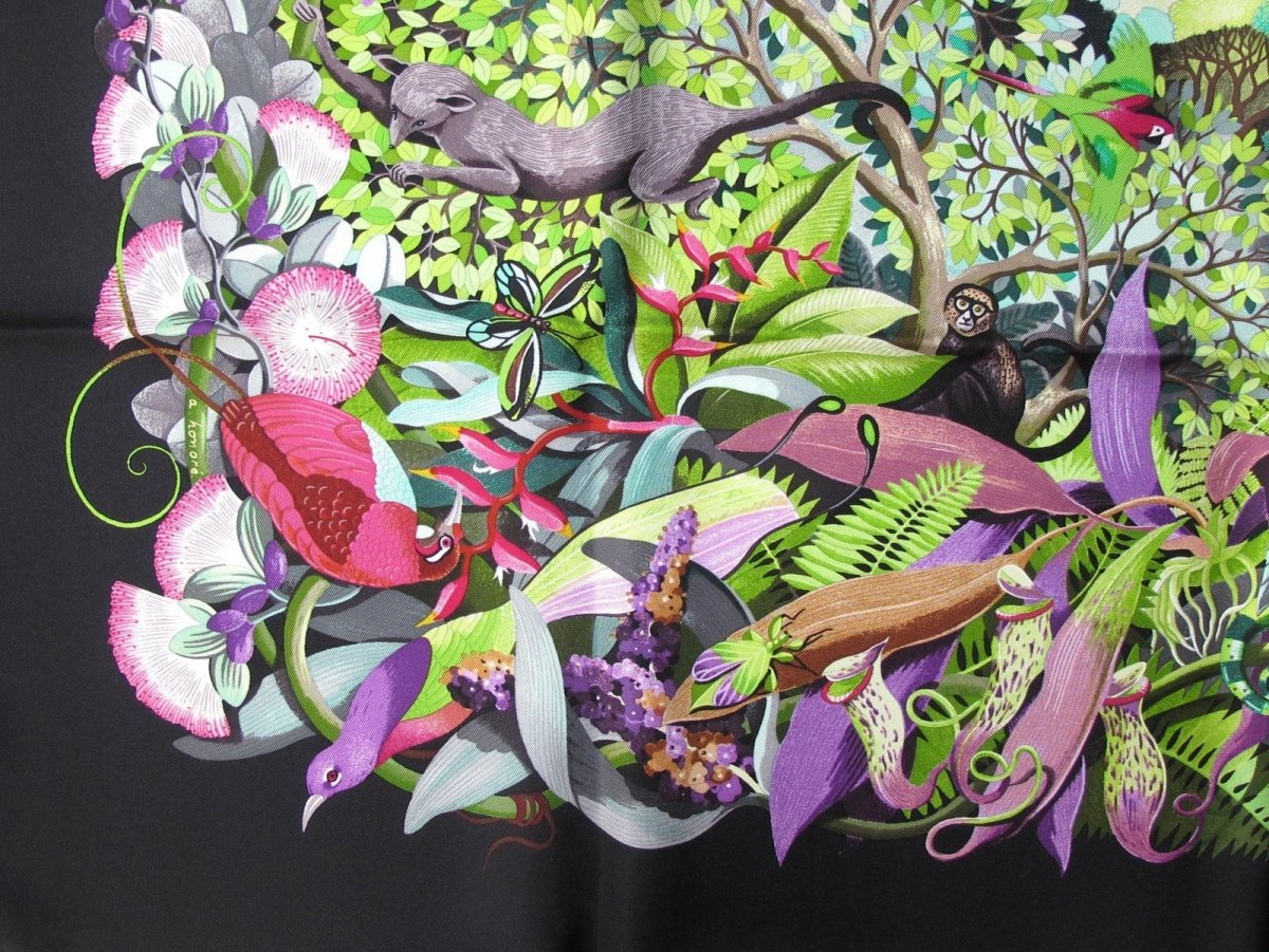 Hermes 2007 Black Au Coeur de la Vie by Aline Honore Twill 90cm Scarf, NIB! - poupishop