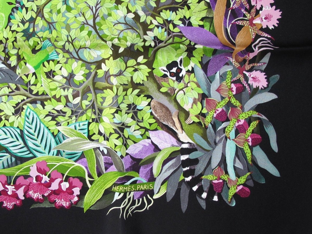 Hermes 2007 Black Au Coeur de la Vie by Aline Honore Twill 90cm Scarf, NIB! - poupishop