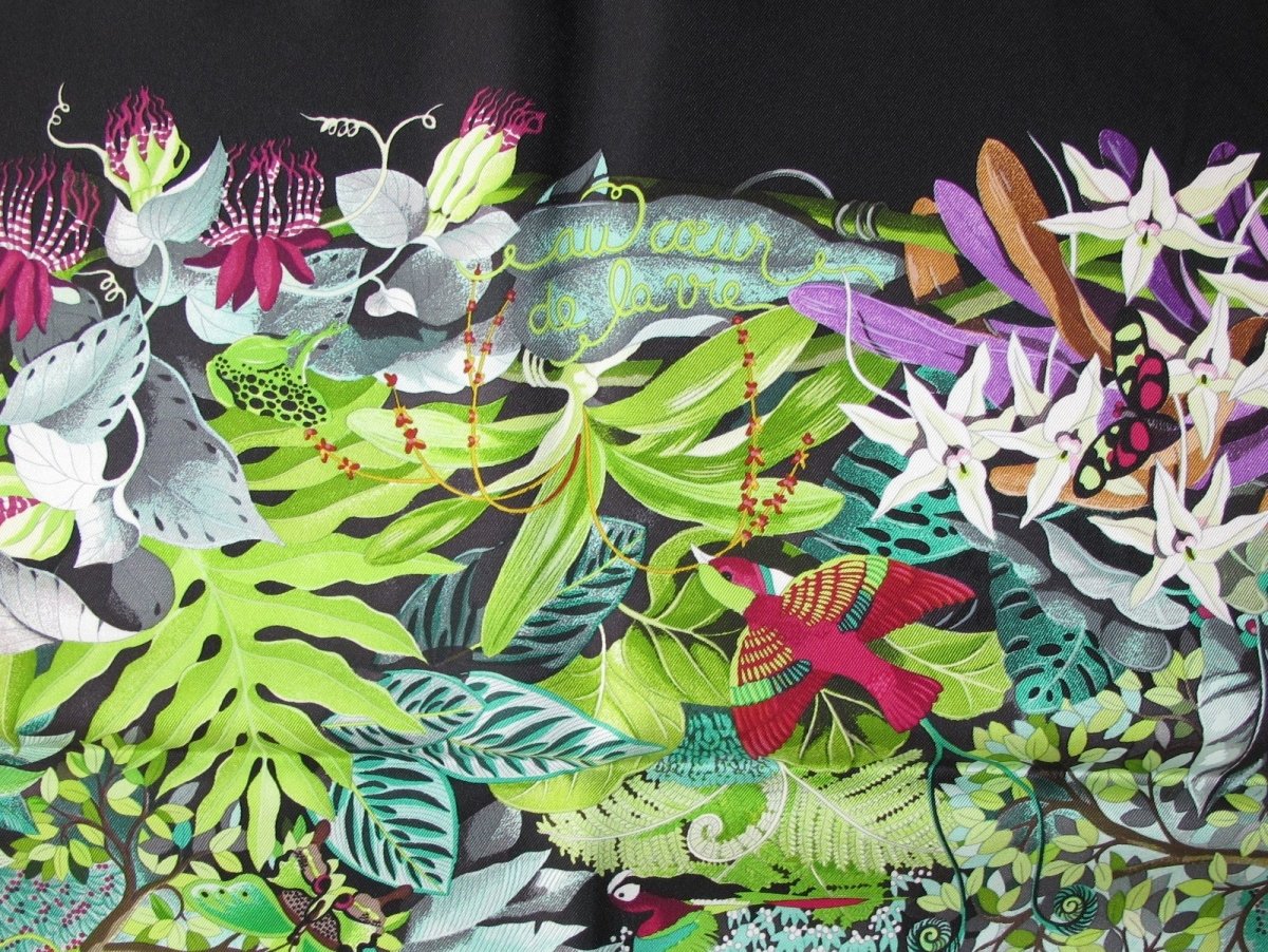 Hermes 2007 Black Au Coeur de la Vie by Aline Honore Twill 90cm Scarf, NIB! - poupishop