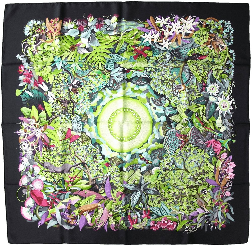 Hermes 2007 Black Au Coeur de la Vie by Aline Honore Twill 90cm Scarf, NIB! - poupishop