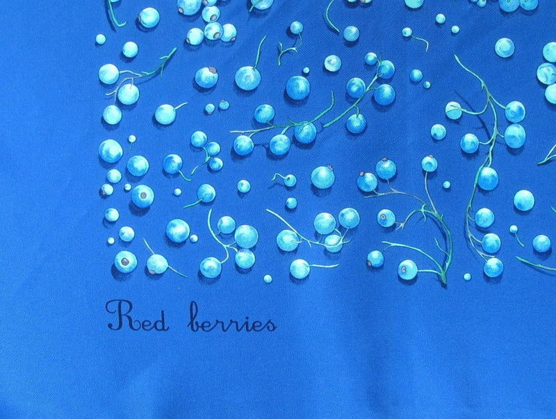 Hermes 2007 Blue RED BERRIES by Leigh. P. Cooke Twill Scarf Carre 90cm - poupishop