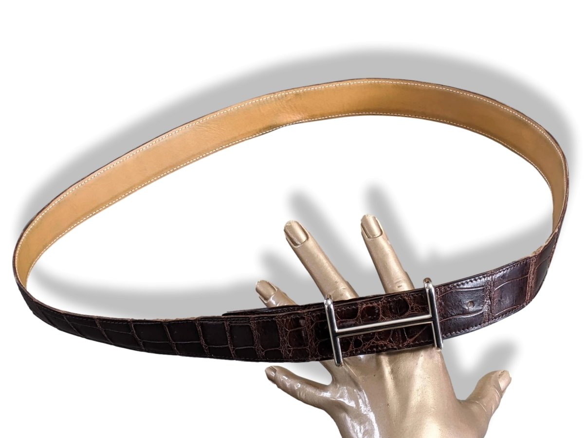 Hermes 2007 Brown/Natural Crocodile Alligator Reversible Strap Belt 32 MM Sz 100, Used! - poupishop
