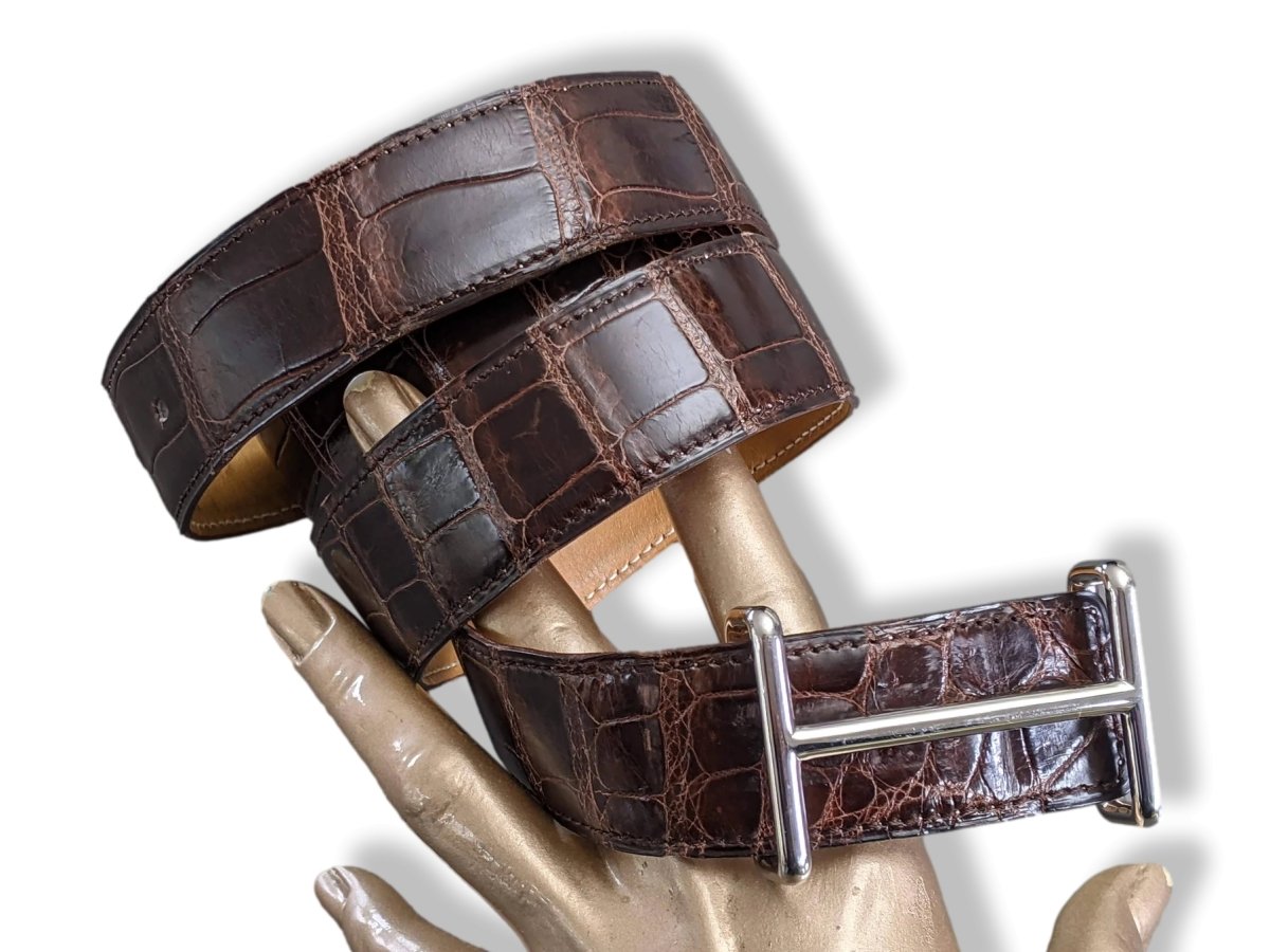 Hermes 2007 Brown/Natural Crocodile Alligator Reversible Strap Belt 32 MM Sz 100, Used! - poupishop