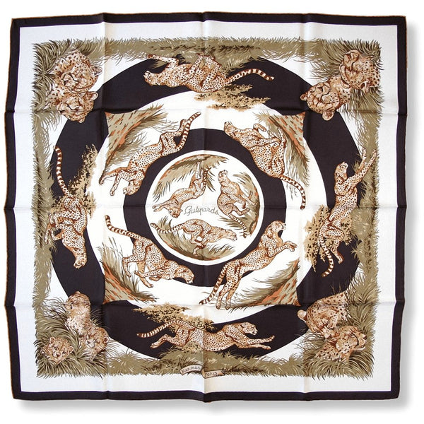 Hermes 2007 B/W Guepards by Robert Dallet Blanc Matte Overlay Twill Silk Scarf 90cm, New! - poupishop