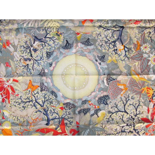 Hermes 2007 Mastic Blue-Grey Red Au Coeur de la Vie by Aline Honore Twill 90 Scarf, Mint! - poupishop