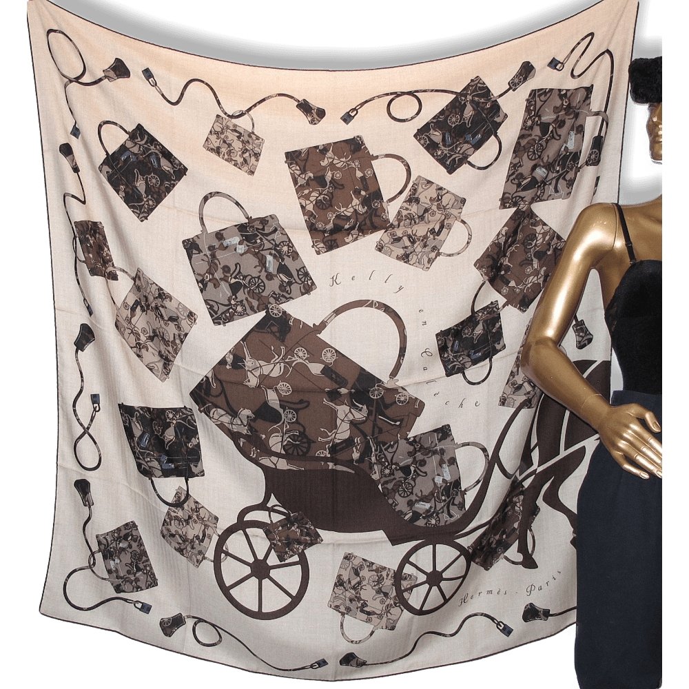  Hermes 2007 Natural Black Brown Kelly en Caleche Cashmere Shawl 140