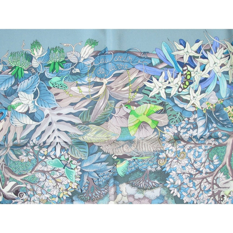 Hermes 2007 Sky Blue Au Coeur de la Vie by Aline Honore Twill 90 Scarf, New! - poupishop