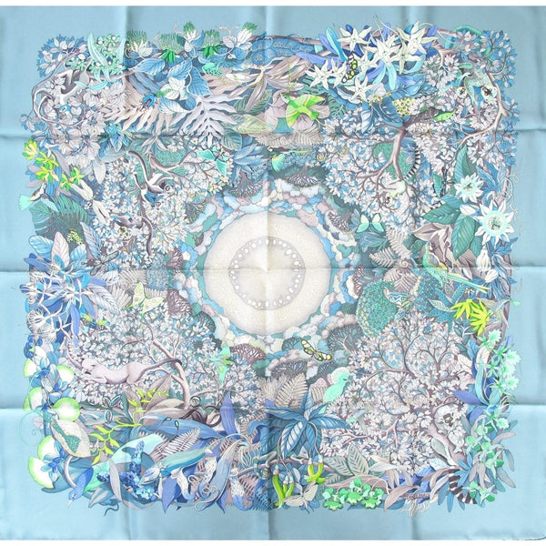 Hermes 2007 Sky Blue Au Coeur de la Vie by Aline Honore Twill 90 Scarf, New! - poupishop