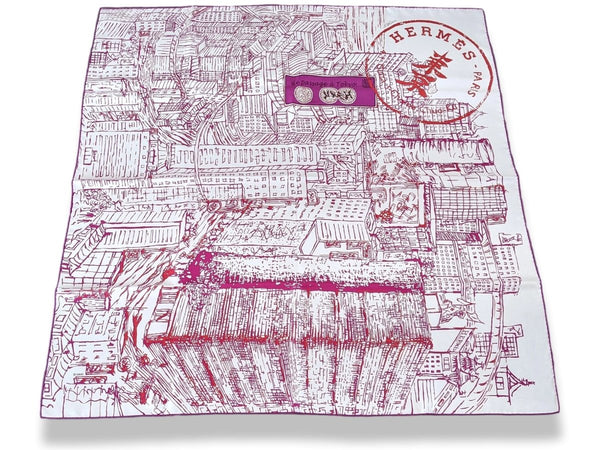 Hermes 2007 Blanc/Rouge/Violet DE PASSAGE A TOKYO Opening Store Twill Scarf 90