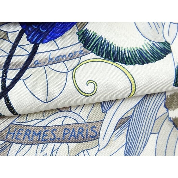 Hermes 2007 White Blue Yellow Au Coeur de la Vie by Aline Honore Twill 90 Scarf, Mint! - poupishop