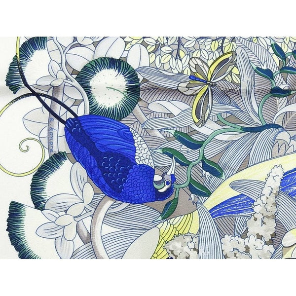 Hermes 2007 White Blue Yellow Au Coeur de la Vie by Aline Honore Twill 90 Scarf, Mint! - poupishop