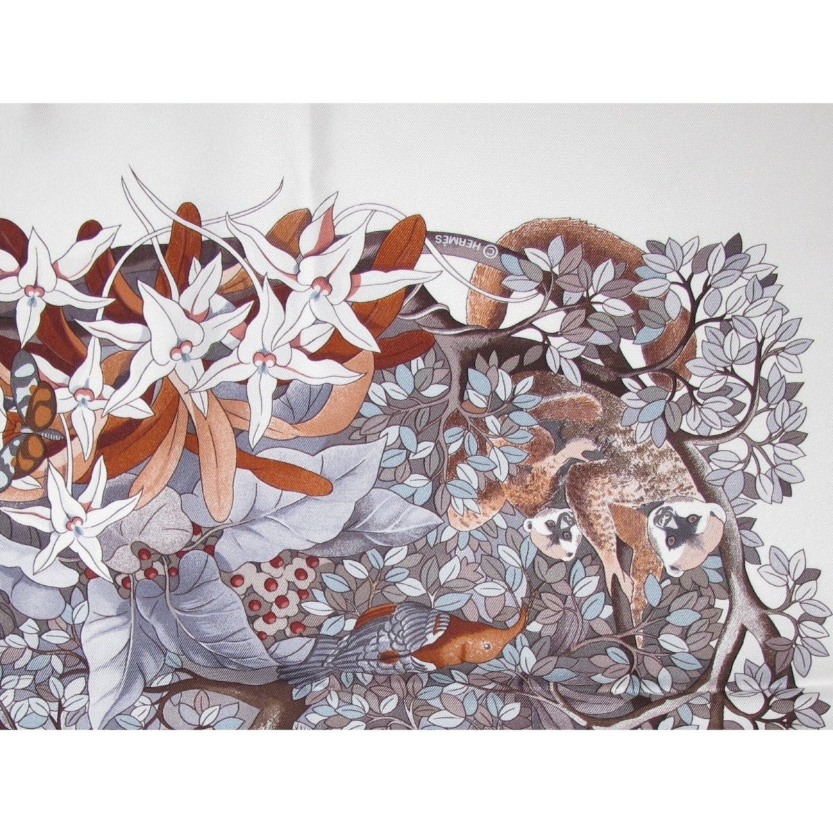 Hermes 2007 White Grey Etoupe Au Coeur de la Vie by Aline Honore Twill 90 Scarf - poupishop