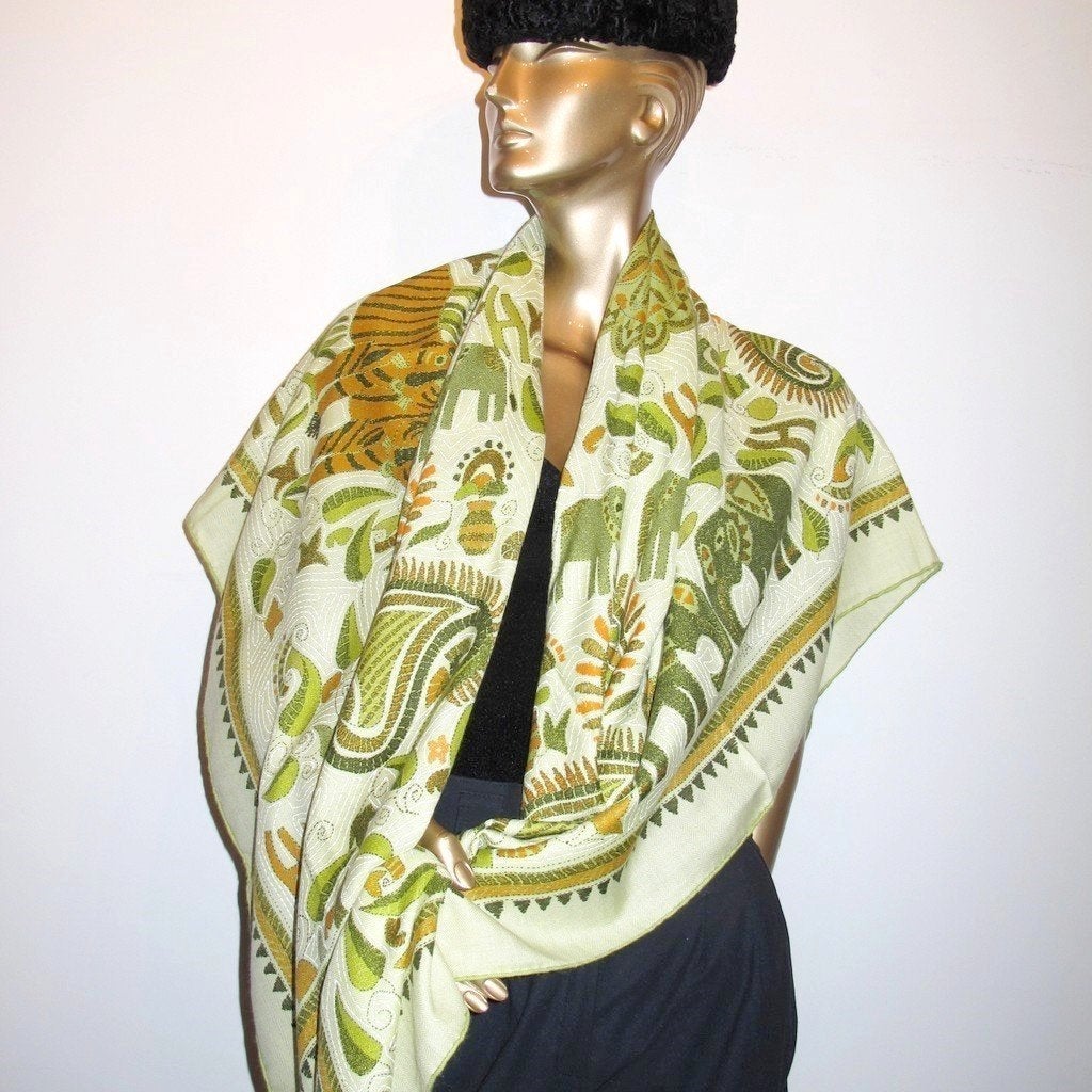 Hermes 2008 Anis Green CARRE Kantha Cashmere Shawl GM