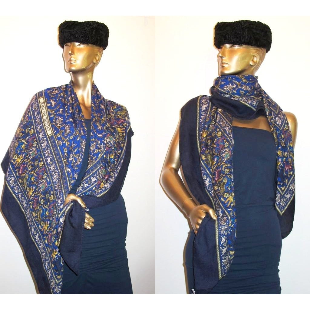 Hermes 2008 Dark Blue/King Blue Chasse en Inde Cashmere Shawl 140 - poupishop