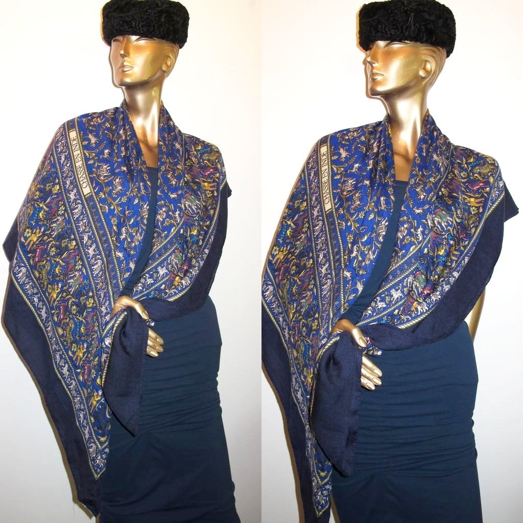 Hermes 2008 Dark Blue/King Blue Chasse en Inde Cashmere Shawl 140 - poupishop