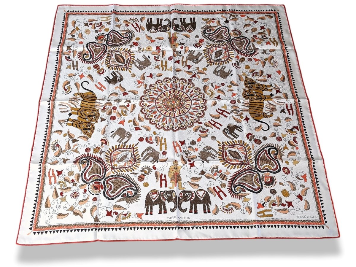 Copie de Hermes 2008 White/Red/Pumpkin Carre KANTHA Indian's Patterns Twill 90, NIB!