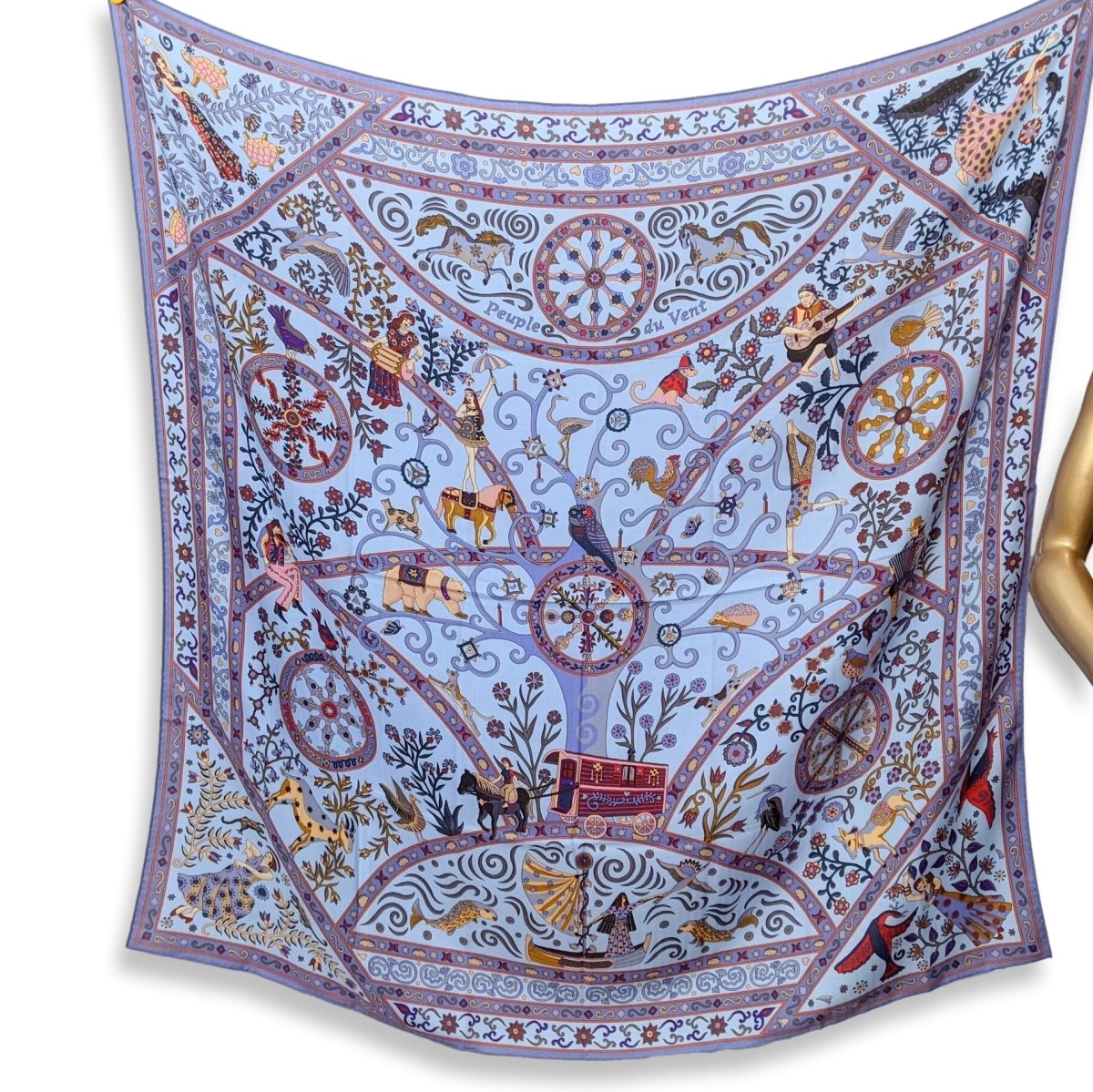 Hermes 2009 Bleu Ciel/Parme PEUPLE DU VENT by Christine Henry Cashmere Shawl 140, New!