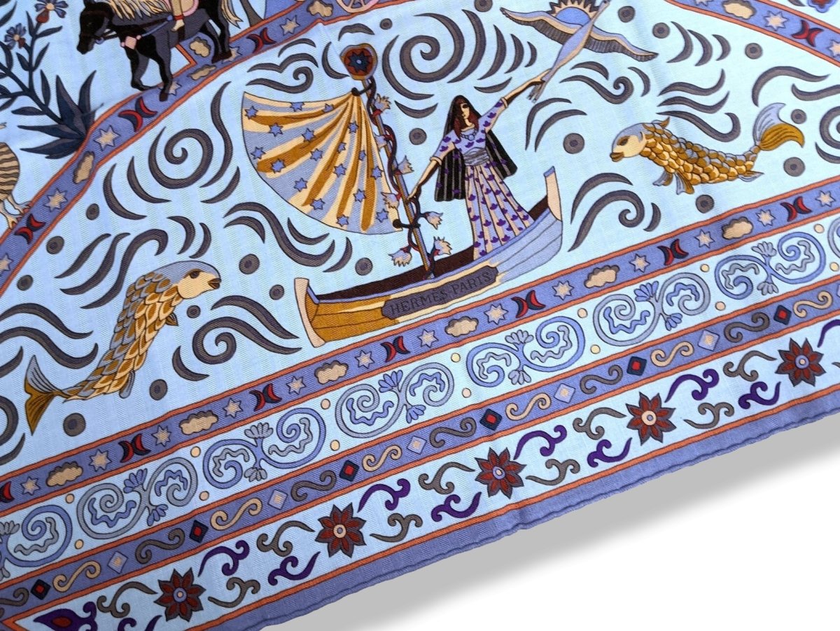 Hermes 2009 Bleu Ciel/Parme PEUPLE DU VENT by Christine Henry Cashmere Shawl 140, New!