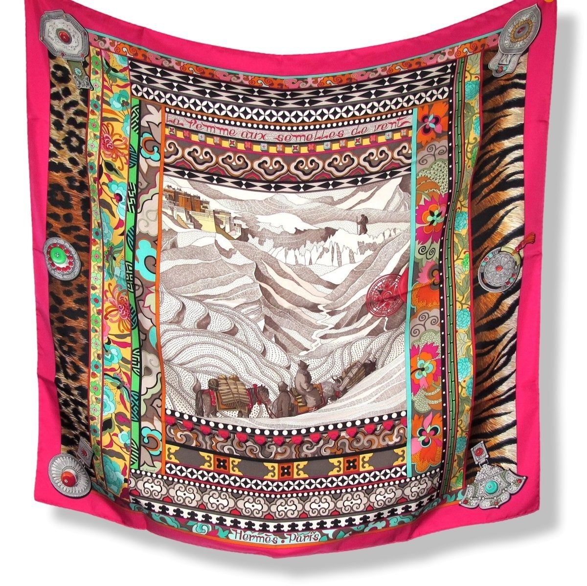 Hermes 2009 Fuchsia LA FEMME AUX SEMELLES DE VENT by Aline Honore Twill 90, Mint with Tiny Flaws!
