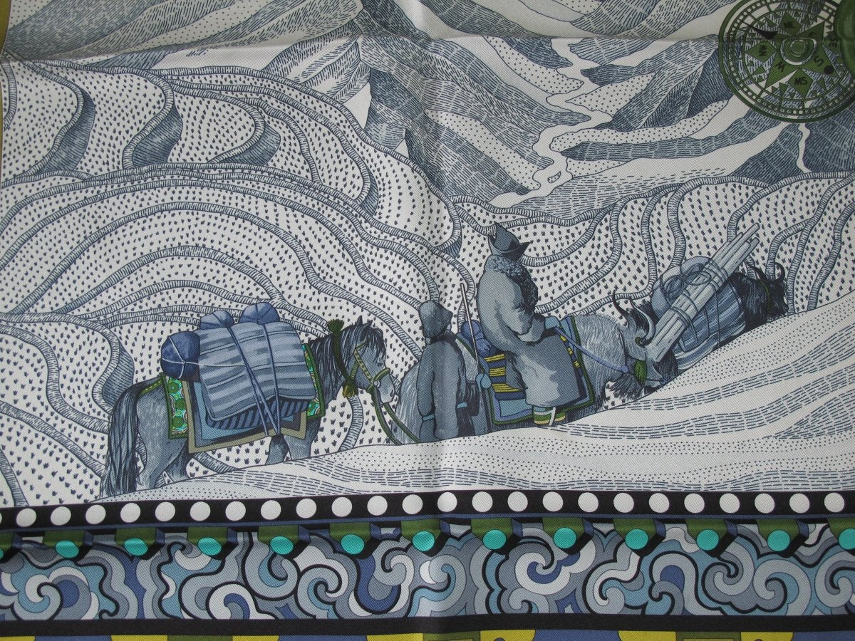 Hermes 2009 Gold/Blue/Noir LA FEMME AUX SEMELLES DE VENT by Aline Honore Twill 90, Mint!