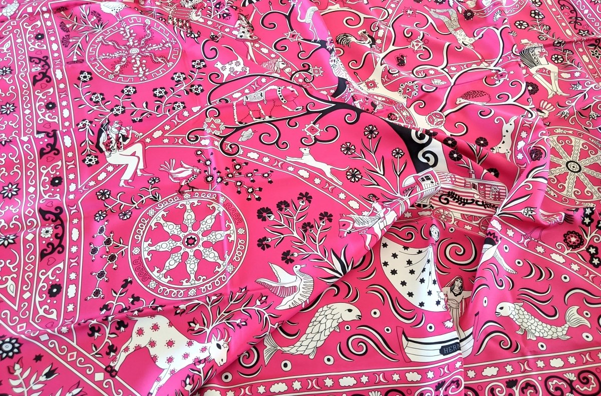 Hermes 2009 Rose Vif/Blanc PEUPLE DU VENT Silk Shawl 140, NIB!