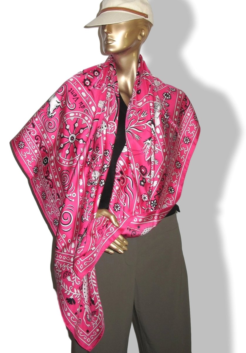 Hermes 2009 Rose Vif/Blanc PEUPLE DU VENT Silk Shawl 140, NIB!