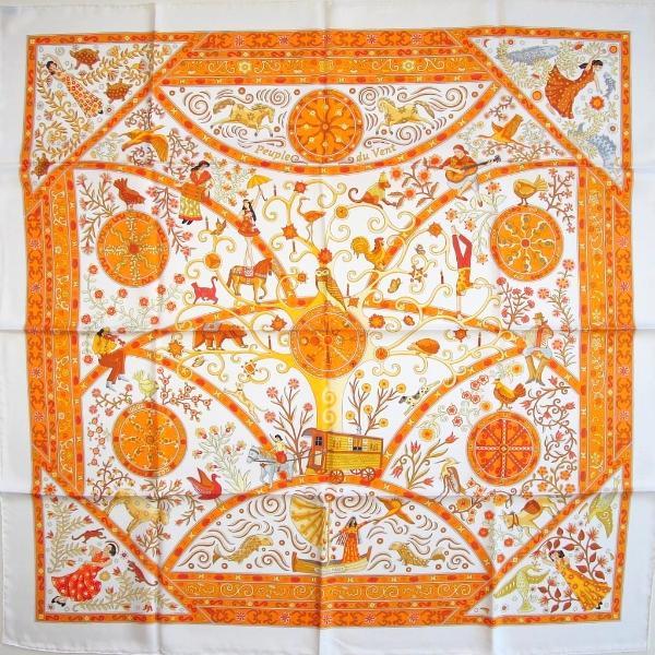 Hermes 2009 White/Orange Peuple du Vent Twill 90cm, New! - poupishop