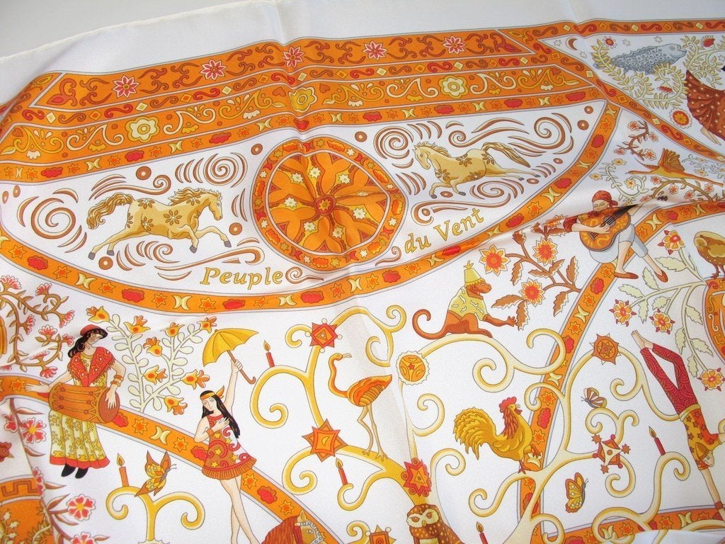 Hermes 2009 White/Orange Peuple du Vent Twill 90cm, New! - poupishop