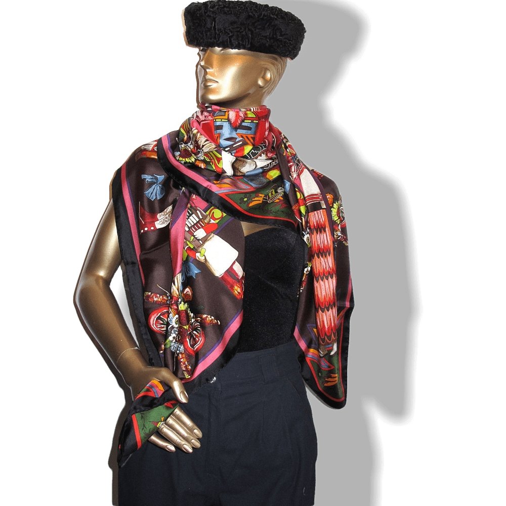 Hermes 2010 Black Kachinas Summer Silk with Blanc Matte Overlay Shawl 140, New! - poupishop