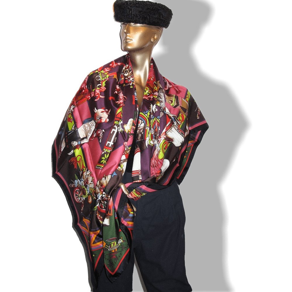 Hermes 2010 Black Kachinas Summer Silk with Blanc Matte Overlay Shawl 140, New! - poupishop