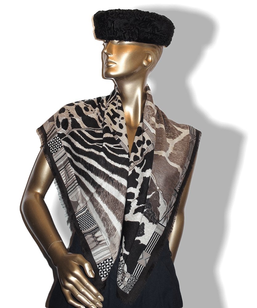 Hermes 2010 Black Pelages et Camouflages Fringed Cashmere 90cm, New! - poupishop