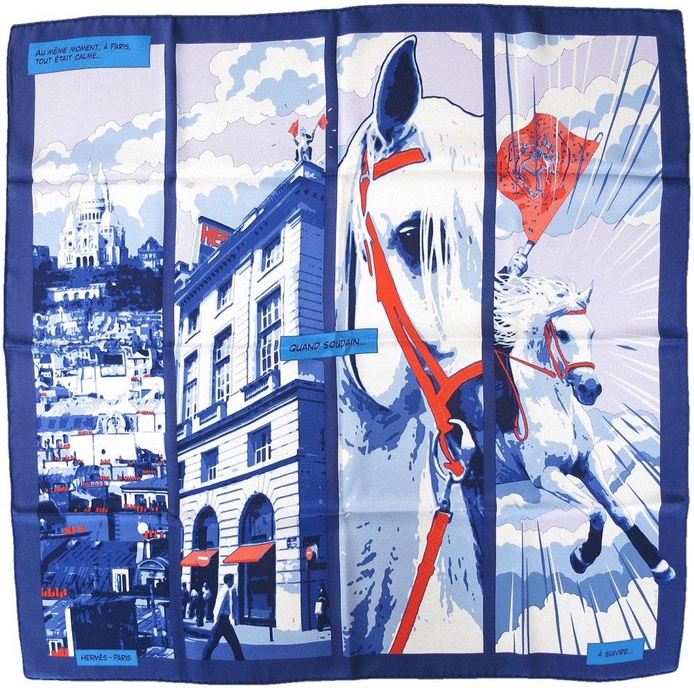 Hermes 2010 Blue QUAND SOUDAIN Vintage Silk 70 cm, Mint in Box! - poupishop