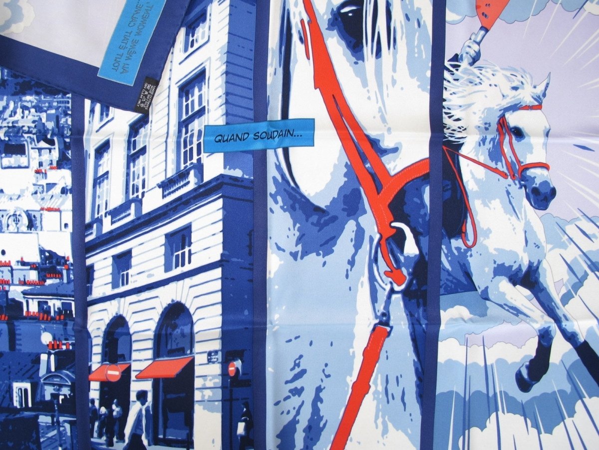 Hermes 2010 Blue QUAND SOUDAIN Vintage Silk 70 cm, Mint in Box! - poupishop