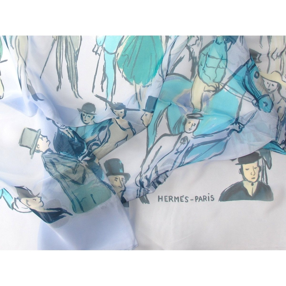 Hermes 2010 Blue Turquoise Paddock by J. L. Clerc Mousseline Shawl 140, NIB! - poupishop