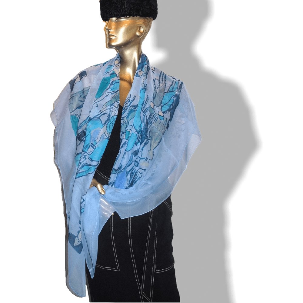 Hermes 2010 Blue Turquoise Paddock by J. L. Clerc Mousseline Shawl 140, NIB! - poupishop