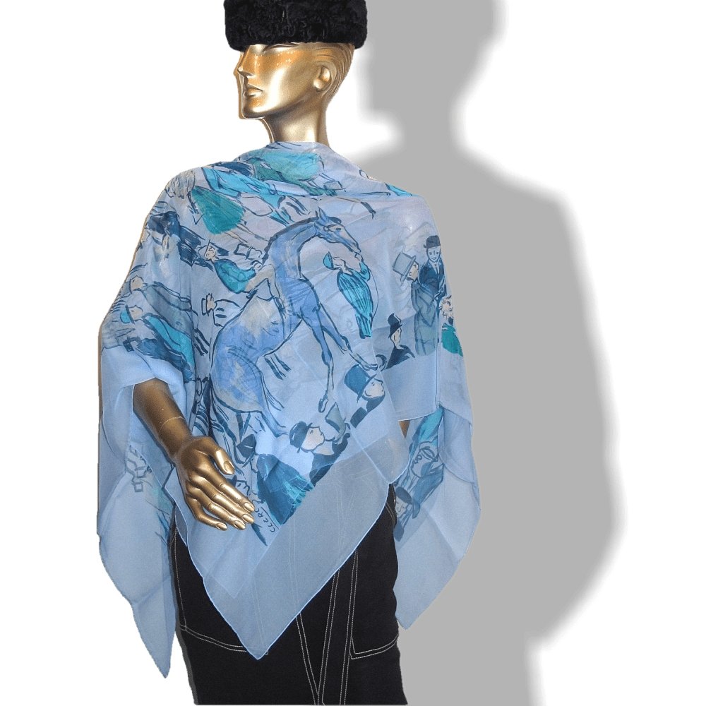 Hermes 2010 Blue Turquoise Paddock by J. L. Clerc Mousseline Shawl 140, NIB! - poupishop