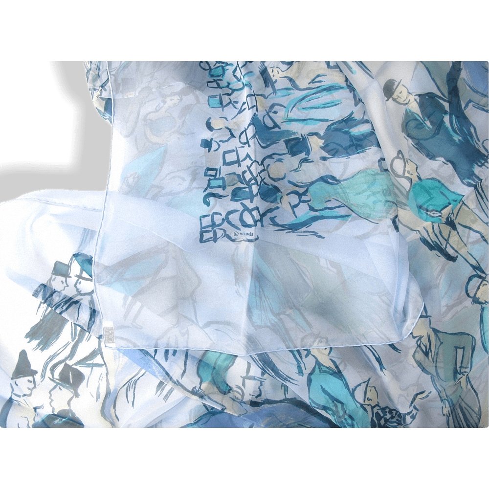 Hermes 2010 Blue Turquoise Paddock by J. L. Clerc Mousseline Shawl 140, NIB! - poupishop