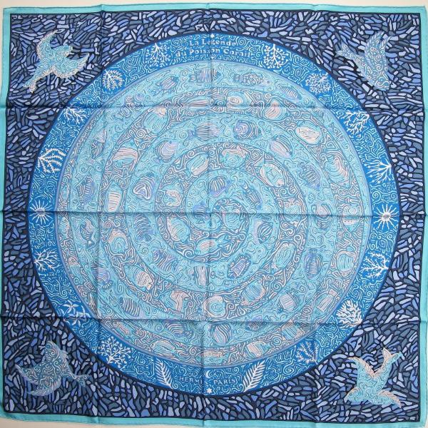 Hermes 2010 Blue/Turquoise La Legende du Poisson Corail Twill 90cm, New! - poupishop