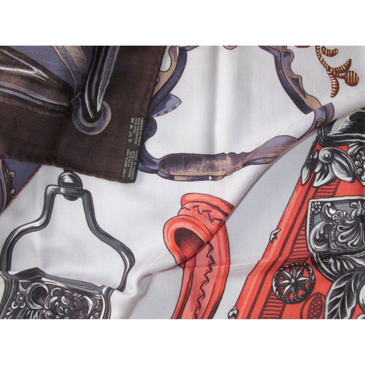 Hermes 2010 Brown Corail Purple Etriers by Francoise de la Perriere Cashmere Shawl 140, Mint! - poupishop