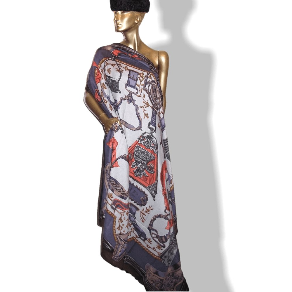 Hermes 2010 Brown Corail Purple Etriers by Francoise de la Perriere Cashmere Shawl 140, Mint! - poupishop