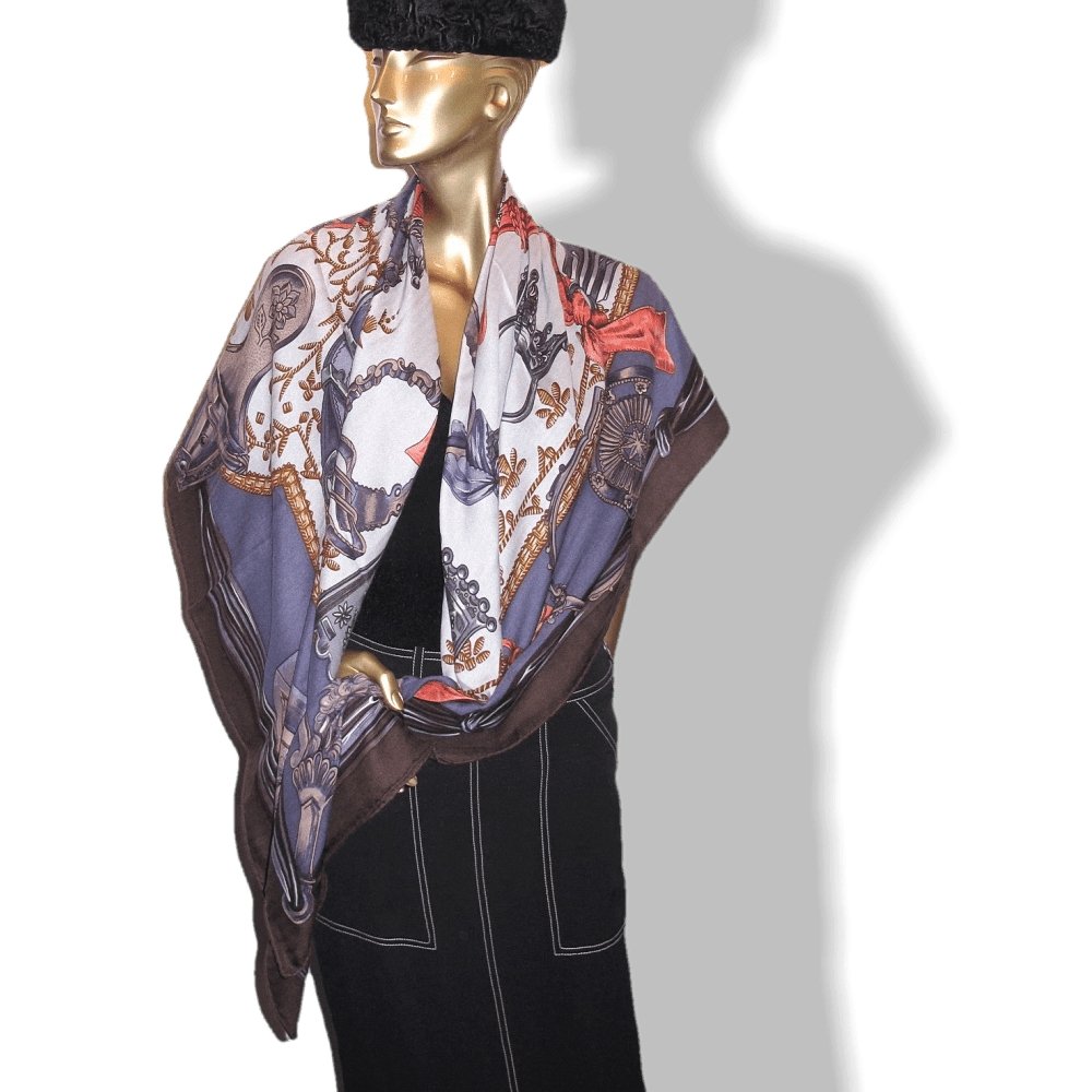 Hermes 2010 Brown Corail Purple Etriers by Francoise de la Perriere Cashmere Shawl 140, Mint! - poupishop