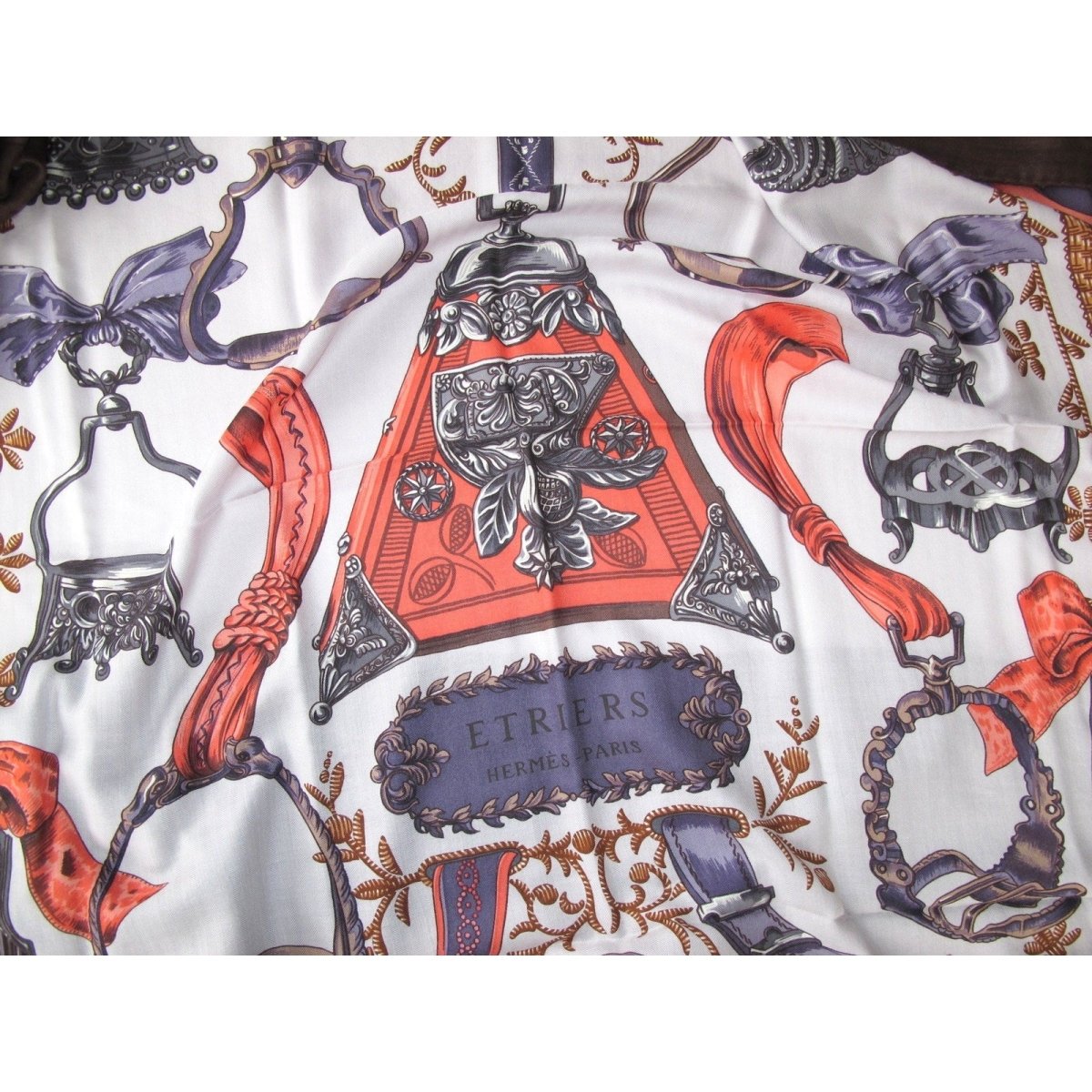 Hermes 2010 Brown Corail Purple Etriers by Francoise de la Perriere Cashmere Shawl 140, Mint! - poupishop