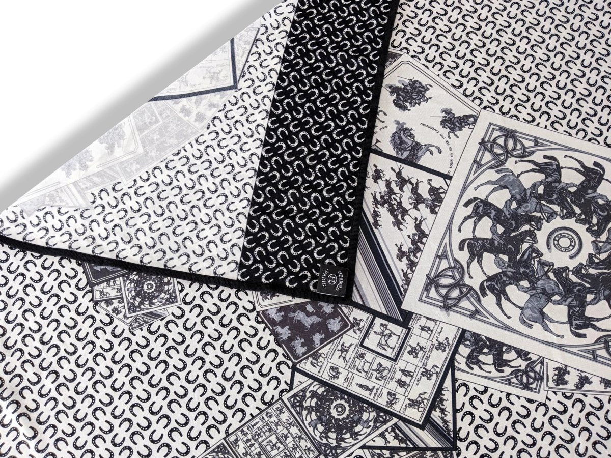 Hermes 2010 B/W A CHEVAL SUR MON CARRE by Bali Barret Jersey Fluide 90cm cm, Mint in Box! - poupishop