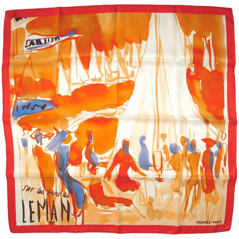 Hermes 2010 cw04 Orange/Bleu Jeans/Ivoire SUR LES RIVES DU LAC LEMAN by Jean-Louis Clerc Vintage Silk 70cm Carre, NWT! - poupishop