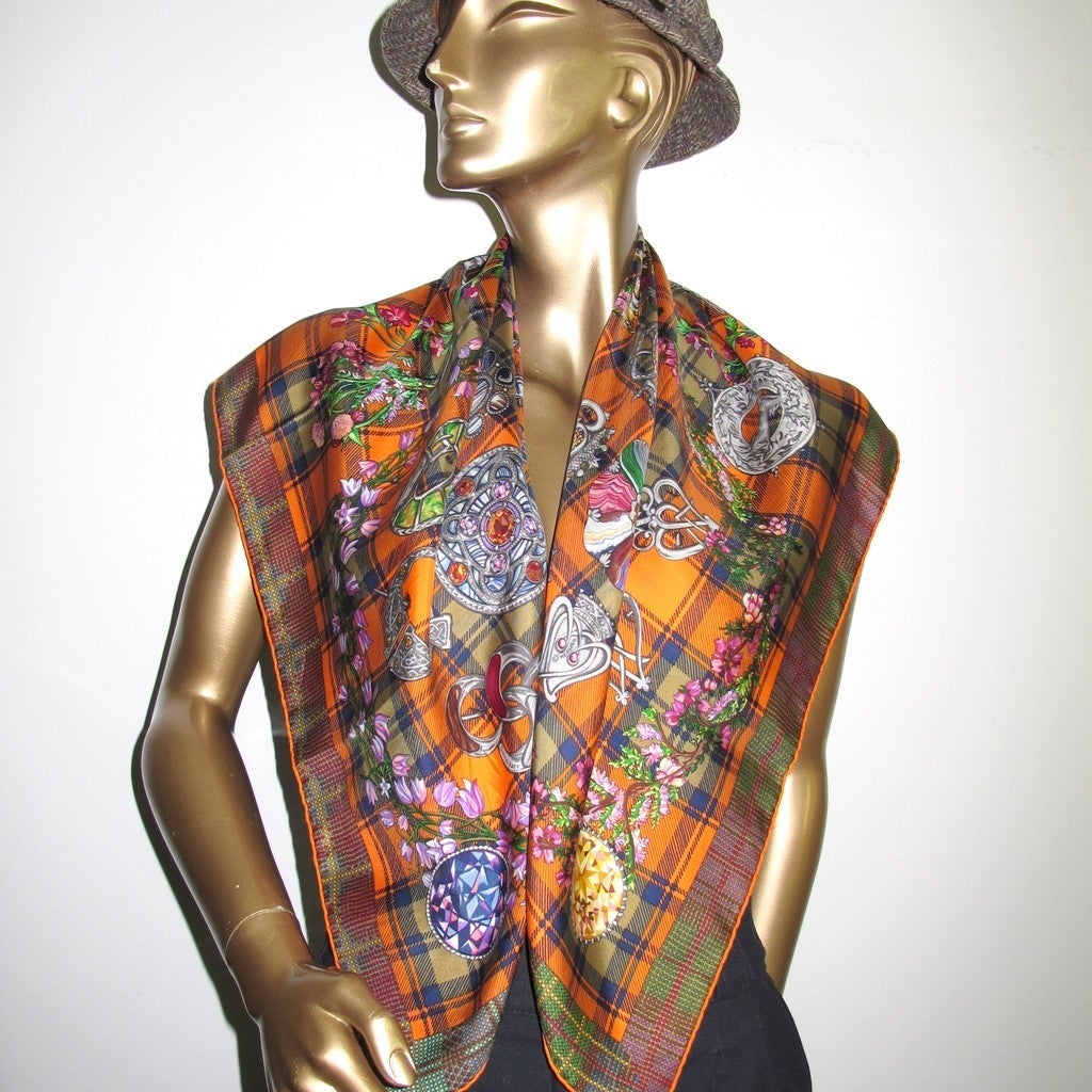 Hermes 2010 Green Orange Tartan Fleurs d'Ecosse Twill 90cm - poupishop
