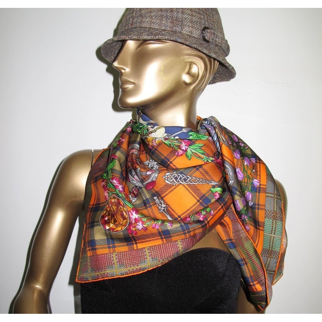 Hermes 2010 Green Orange Tartan Fleurs d'Ecosse Twill 90cm - poupishop