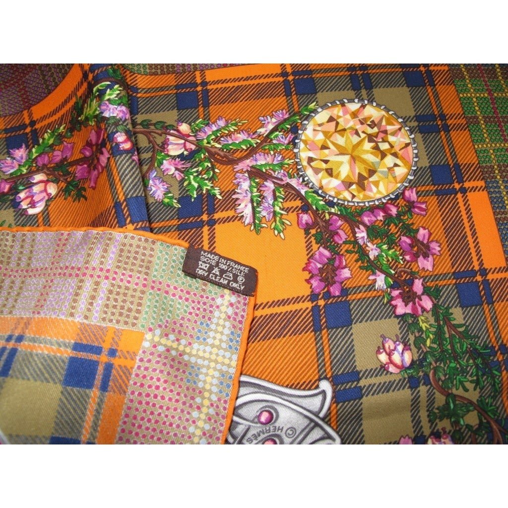 Hermes 2010 Green Orange Tartan Fleurs d'Ecosse Twill 90cm - poupishop