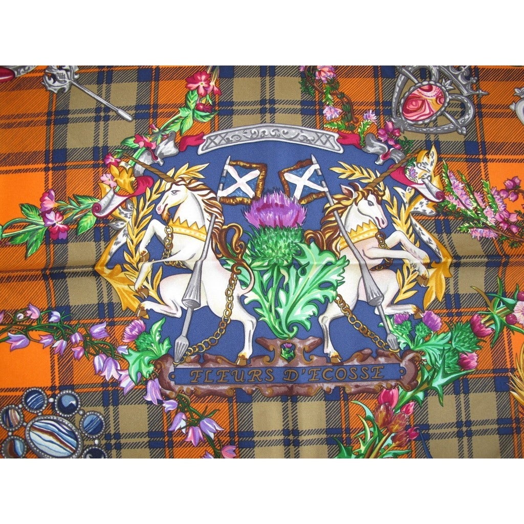 Hermes 2010 Green Orange Tartan Fleurs d'Ecosse Twill 90cm - poupishop