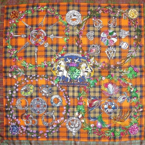 Hermes 2010 Green Orange Tartan Fleurs d'Ecosse Twill 90cm - poupishop